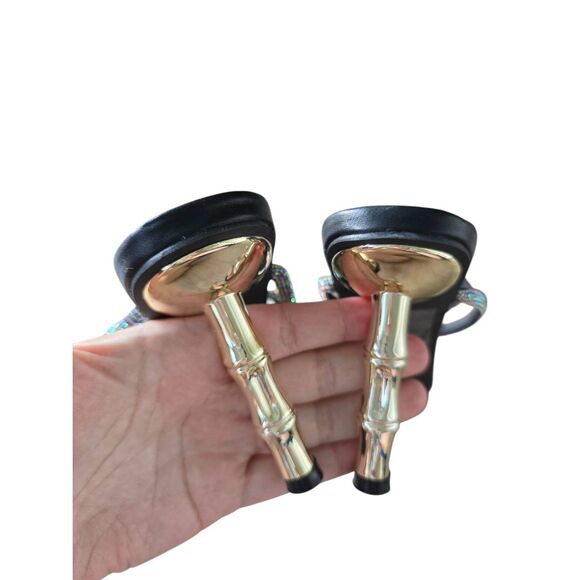 Chase & Chloe Sandals Rhinestone Ankle Strap in Black Gold Heel - Picture 5 of 9